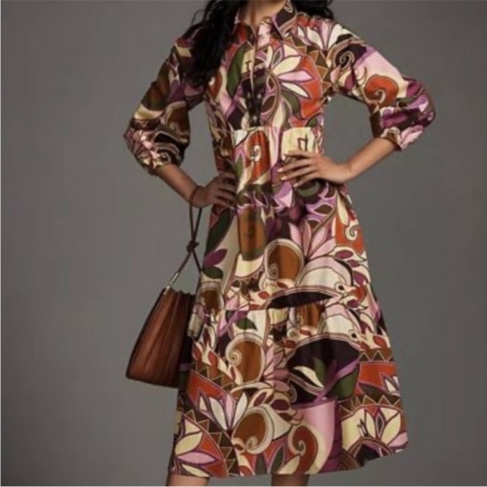 Bettina Printed Midi Shirt Dress in Brown and Pink